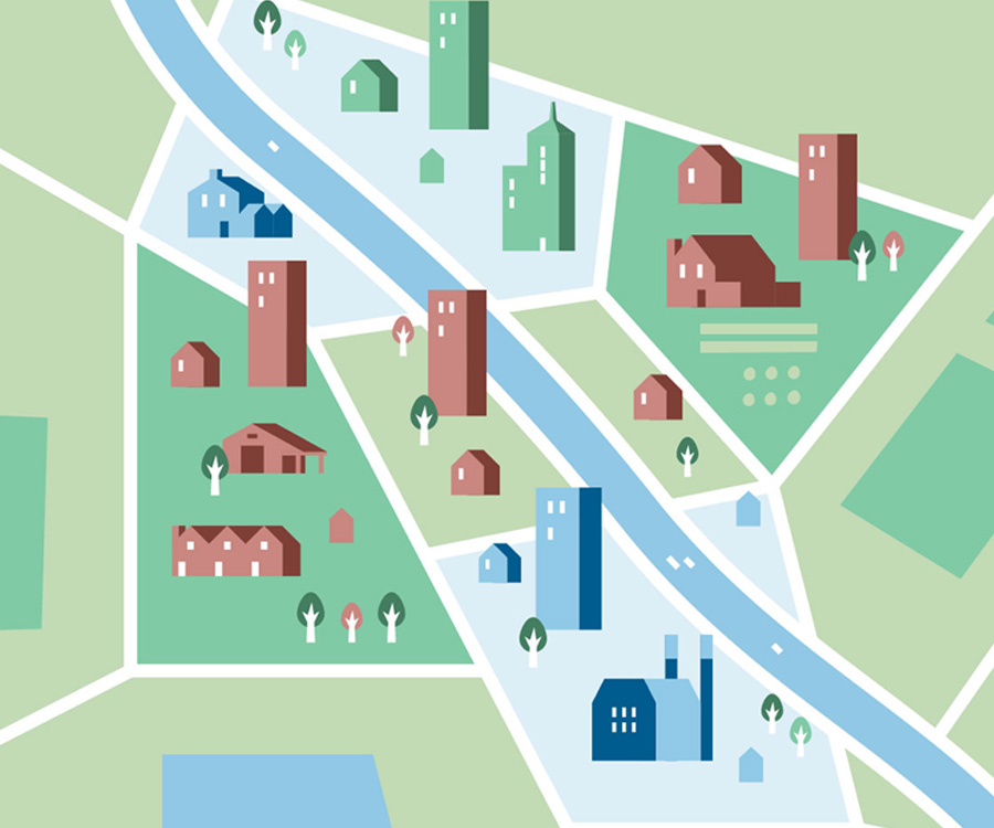 Getekende stad met laag en hoogbouw
